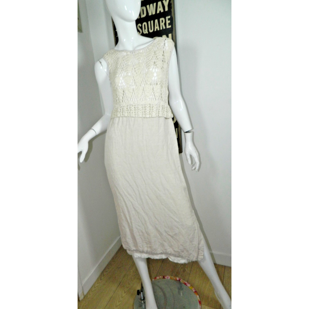Jakelin Dress‎ Vintage Size Small Ivory Linen Crochet Midi - Picture 7 of 11